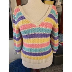 Vintage Hi Roller Colorful Striped Knit Sweater Pastel Preppy Retro Feminine Fun